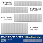 WORKPRO 18 Gauge Brad Nails, 2'',1-1/2'',1-1/4'', 3/4'' 6000 Count Universal Brad Nails for Pneumatic, Electric Brad Nailer