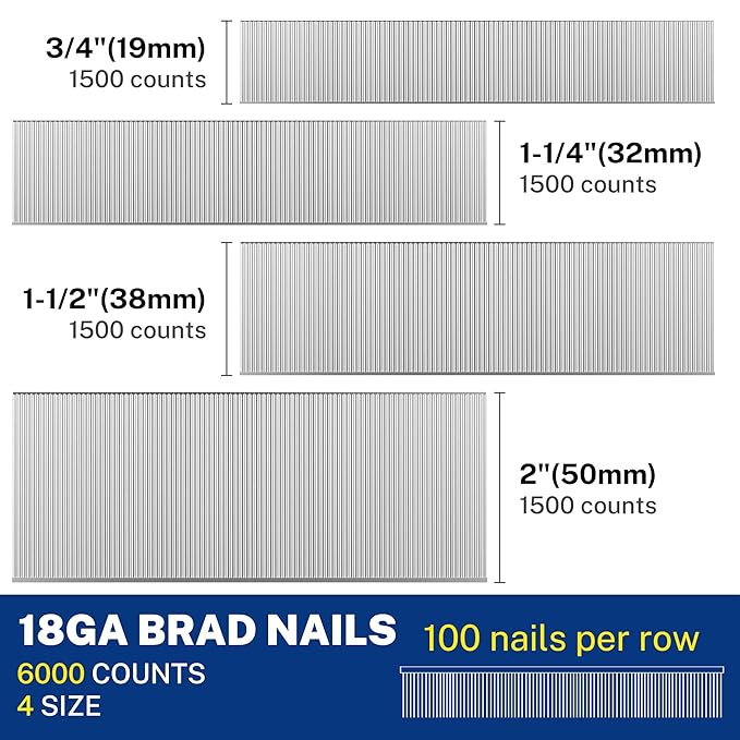 WORKPRO 18 Gauge Brad Nails, 2'',1-1/2'',1-1/4'', 3/4'' 6000 Count Universal Brad Nails for Pneumatic, Electric Brad Nailer
