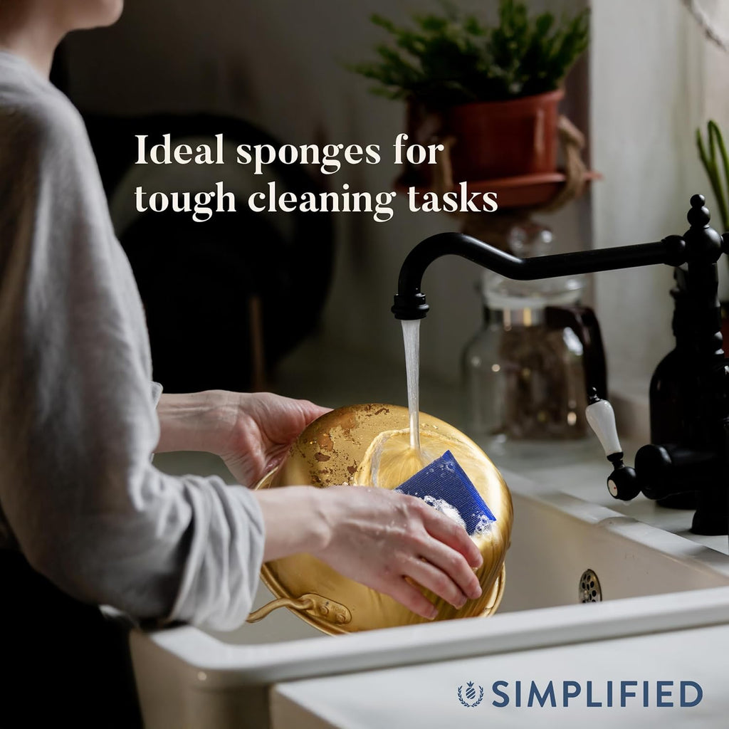 Simplified 6-Pack Steel Scouring Sponges with Rust Resistant Stainless Steel Threading for Home and Kitchen Cleaning Supplies, Heavy Duty Cleaning Sponge for Kitchen & Bathroom, Blue/Green