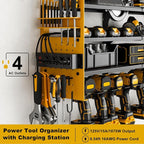 12 Cordless Drill Holder Large Power Tool Organizer Wall Mount with Side Pegboard & Screwdriver Holder, 4-Tier Heavy Duty Metal Tool Storage Rack with 4-Outlet Power Strip