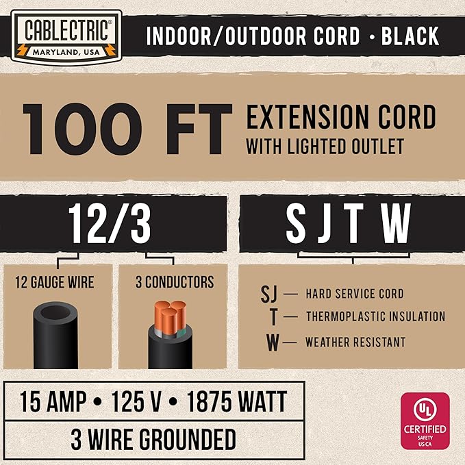 Heavy Duty Extension Cord 100 Ft, 12 Gauge Long Outdoor Extension Cord with 3 Prongs, SJTW Weatherproof Black 12/3, 15 AMP, Great for Major Appliances - Lighted Ends