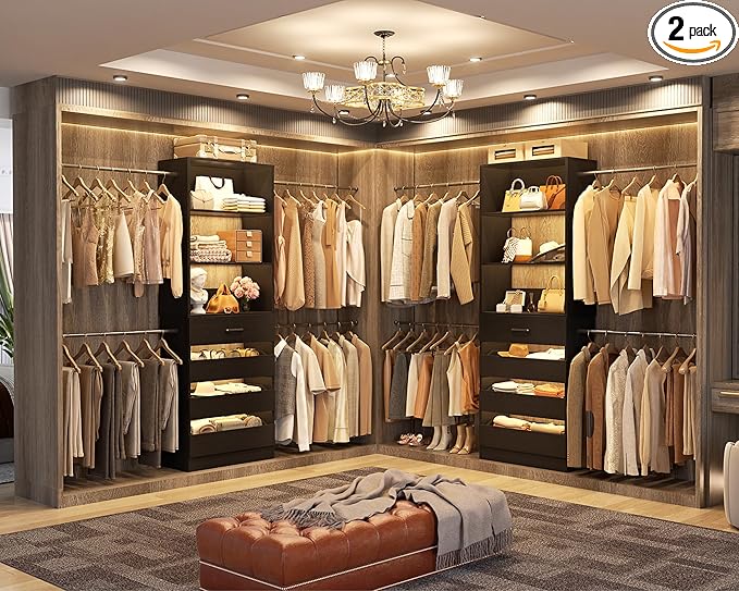 Aheaplus Closet System Set of 2, 4-9Ft Wood Closet Organizer with Drawers & Shelves, Closet Organizer System with 8 Hanging Rods, Walk-in Closets Organizer Wardrobe Closet Rack, Black1