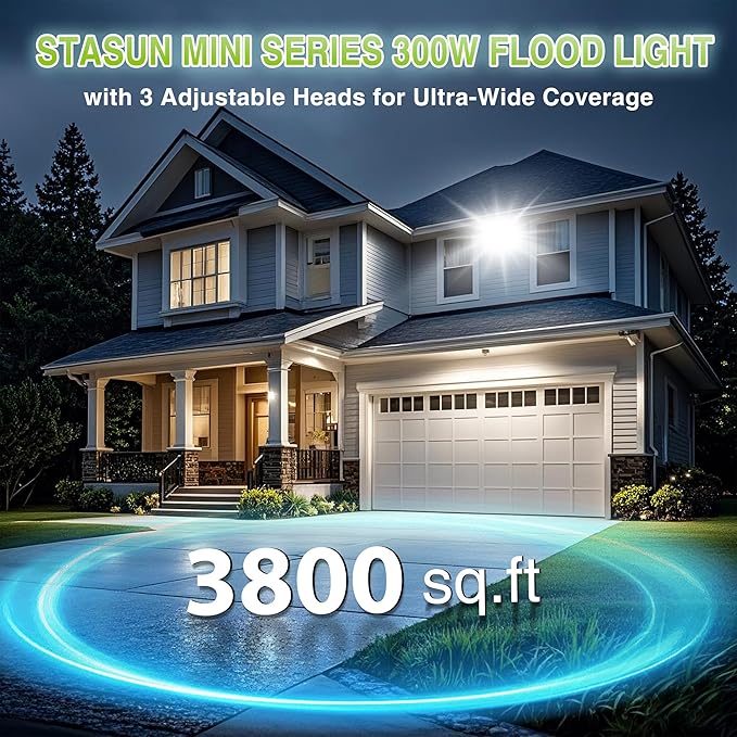STASUN 2 Pack 300W LED Flood Lights, Mini Series Outdoor Floodlight, 30000LM 6000K Daylight White, IP66 Waterproof, 3 Adjustable Heads, Exterior Flood Lights for Yard, Driveway, Garage, Patio,Barn