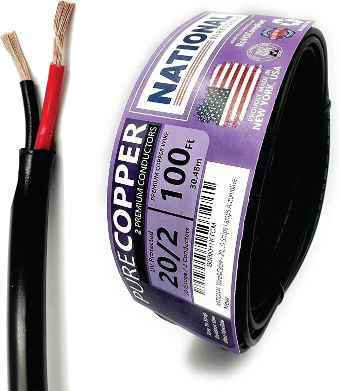 NATIONAL Wire & Cable – 20 AWG 2-Conductor Premium Copper Wire, 100 ft, Stranded | Made in USA, Flexible Jacket | Electronics, Controls, DIY Wiring, Indoor and Outdoor Use