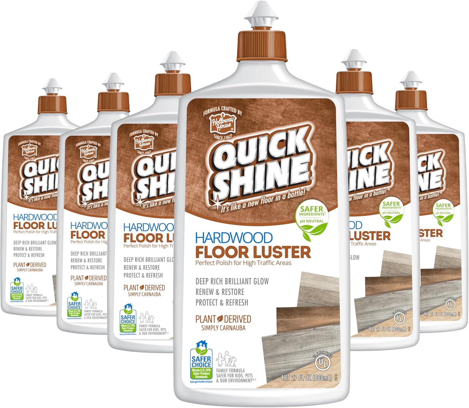 Quick Shine Hardwood Floor Luster-Polish 27oz-6pk | Plant-Derived w/Carnauba | Safer Choice, No PFAS, pH Neutral | Ready to Use Formula w/Anti-Slip Technology | Simply Squirt & Spread | Made in USA