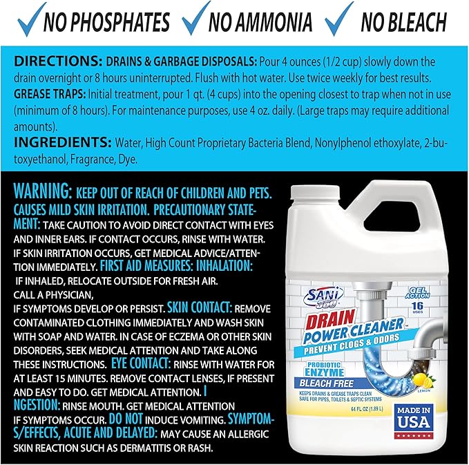 SANI 360° Drain Power Cleaner, Probiotic Enzyme Gel Formula, Odor eliminator, prevents clogs, Grease, Soap Scum, Save Money on Plumbing, Pipes and Septic safe, Made in the USA, 16 Uses, Lemon Scent