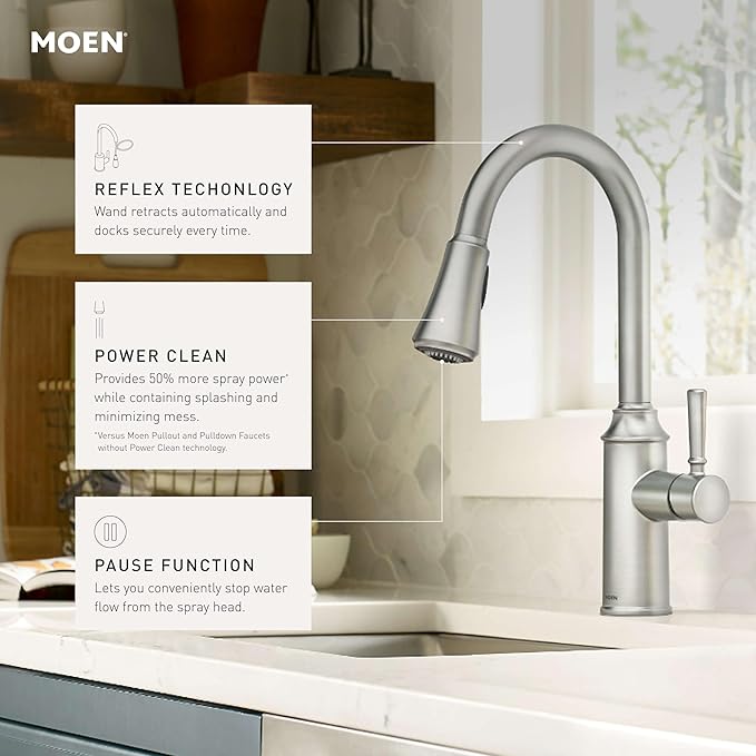 Moen 87801SRS Conneaut One Handle Pulldown Kitchen Sink Faucet with Reflex Docking and Power Clean, Spot Resist Stainless
