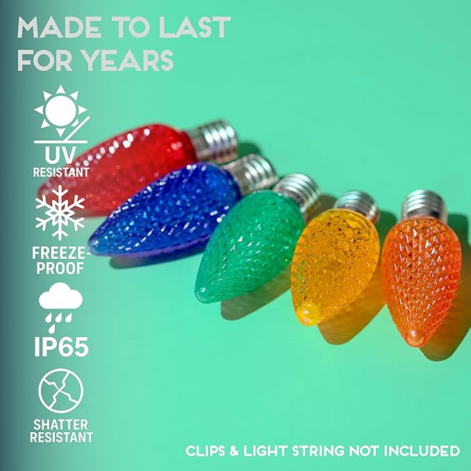 HLO Lighting Set of 25 Multicolor (Red Green Blue Yellow Orange) C9 Faceted LED Christmas Light Bulbs for Indoor & Outdoor Use | Durable Replacement Bulbs