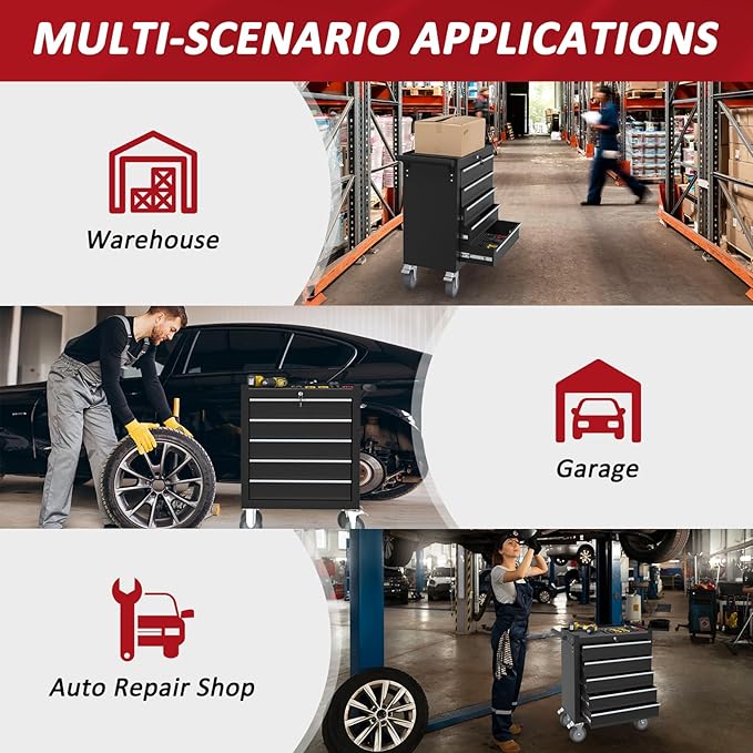 5-Drawers Rolling Tool Chest, Tool Chest with Wheels and Drawers, Rolling Box with Locking System, Tool Box with Wheels for Garage, Warehouse, Workshop (Black, 5 Drawers)