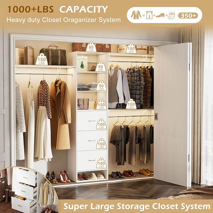 Closet System with Drawers, 8FT Closet Organizer Systems with Expandable Hanging Rods, 96" Wooden Storage Systems with Hanging Pods, Built-in Garment Rack for Bedroom