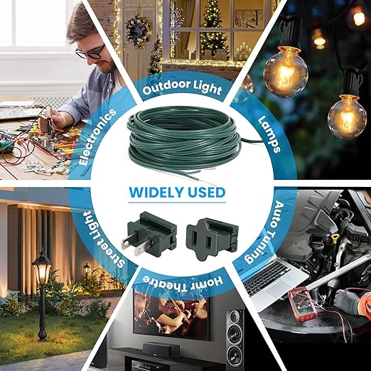 SPT-2 Wire 18 Gauge 100 Ft And 6 Vampire plugs,Is a Flexible Two Core Parallel Connection Cable for light Strings And low Voltage Equipment Suitable for Indoor And Outdoor Can Be Directly Buried Green