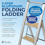 Step Ladder 2 Step Folding, Decorative - Beautiful Bamboo & Silver Aluminum, Ultra Slim Profile, Anti Slip Steps, Sturdy-Portable for Home, Office, Kitchen, Photography Use,by SORFEY