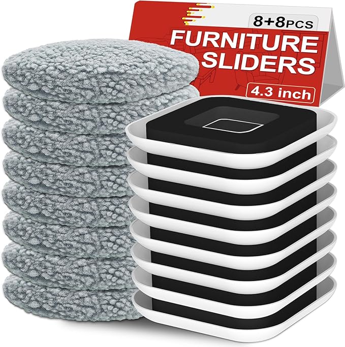 New Upgrade Furniture Movers Sliders, 8+8 Pack 4.3" Multi-Surface Furniture Sliders with Groove Design, 8PCS Moving Pads and 8 Hardwood Socks, Protect Floor and Easily Move Furniture