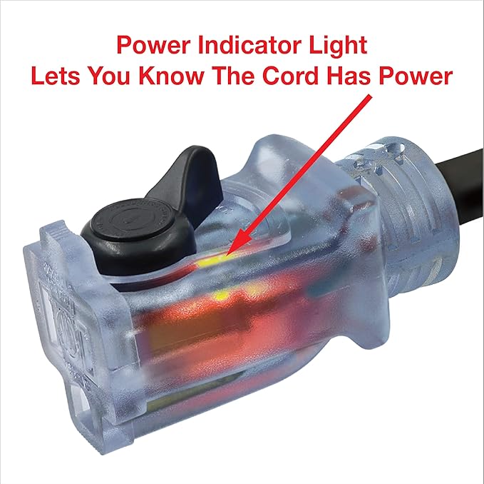 Clear Power 80 ft Outdoor Extension Cord 16/3 SJTW with Lighted Locking Connector, Black, Water & Weather Resistant, Flame Retardant, 3 Prong Grounded Plug, CP10128