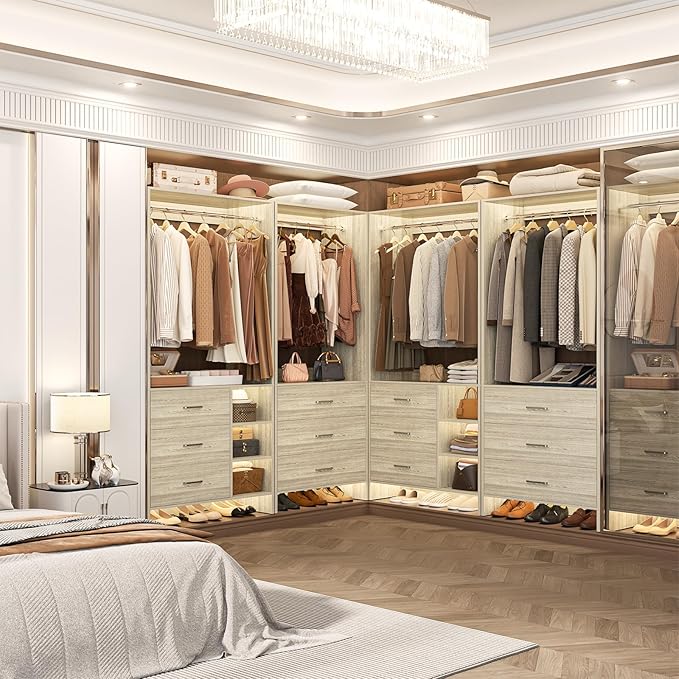 Aheaplus Closet System with 6 Drawers, 4.5ft Wood Closet Organizer System, Walk-in Closet or Small Closets Wardrobe, Clothes Rack with Hanging Rods, White Oak