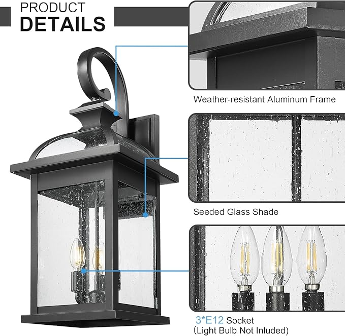 Darkaway Outdoor Lights Fixtures Wall Mount, Extra Large 26inch Outdoor Wall Sconce Lights with Seeded Glass Waterproof Outside Exterior Lights Fixture for House Front Porch Patio Garage E12 Bulb Base