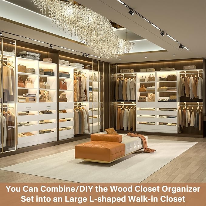 Aheaplus Closet System with 8 Wooden Drawers, Wood Closet Organizer System with Tower, Walk-in Closet Organizer Wardrobe Clothes Rack with 4 Hanging Rods, Garment Rack, Cut to Fit 7-12Ft, White