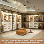 Aheaplus Closet System with 8 Wooden Drawers, Wood Closet Organizer System with Tower, Walk-in Closet Organizer Wardrobe Clothes Rack with 4 Hanging Rods, Garment Rack, Cut to Fit 7-12Ft, White