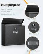 Uniclife Wall Mount Mailbox for Outside, Large Locking Mailbox with Key Lock, Security Mail Box, Postbox for House, Safe Key Drop Case, Steel Cash Drop Case for Home Office School, Black