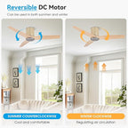 48" Ceiling Fan No Light - Low Profile Flush Mount Ceiling Fan, 6-Speed Remote Control, Solid Wood, Quiet Reversible DC Motor, Wood/Silver Finish, for Bedroom, Living Room, Porch