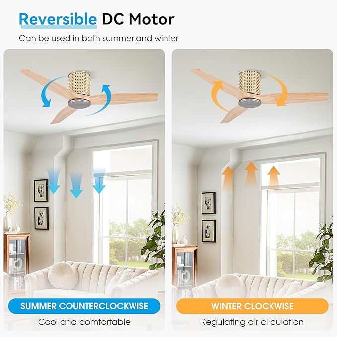 48" Ceiling Fan No Light - Low Profile Flush Mount Ceiling Fan, 6-Speed Remote Control, Solid Wood, Quiet Reversible DC Motor, Wood/Silver Finish, for Bedroom, Living Room, Porch