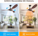 52 Inch Ceiling Fan Without Lights, Walnut Finish | Outdoor Ceiling Fan with Remote, 6-Speed Adjustable Reversible DC Motor for Patio & Living Room