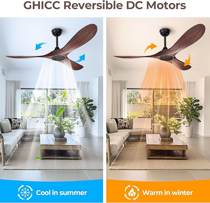 52 Inch Ceiling Fan Without Lights, Walnut Finish | Outdoor Ceiling Fan with Remote, 6-Speed Adjustable Reversible DC Motor for Patio & Living Room