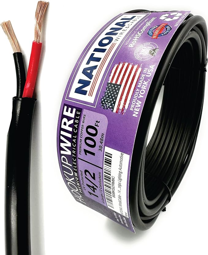 NATIONAL Wire & Cable – 14 AWG 2-Conductor Premium Copper Wire, 100 ft, Stranded | Made in USA, Heavy-Duty Flexible Jacket | Automotive, Low Voltage, LED, Lights, DIY, Indoor and Outdoor Use