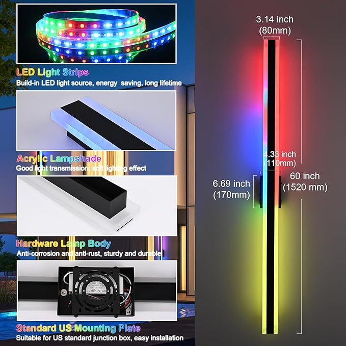 TODOLUZ 2-Pack 60-Inch Outdoor RGBW Long Wall Light Fixture, IP65 Waterproof 36W Linear Wall Sconce Lighting with Remote Control for Garage Porch Party Gathering