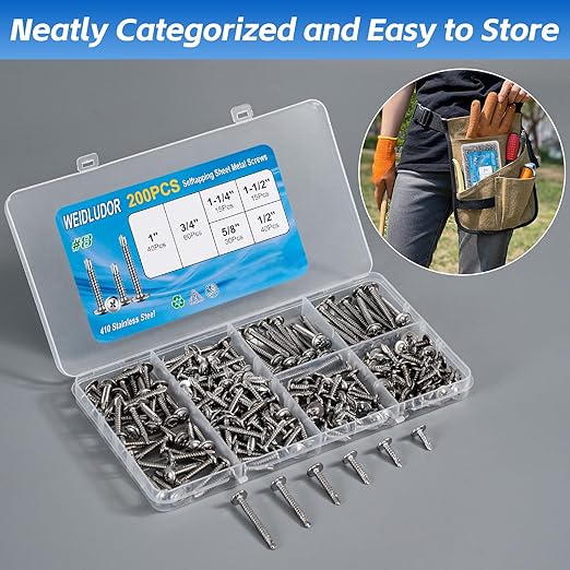 200PCS Sheet Metal Self-Drilling Screws Assortment Kit - #8 Truss Head Stainless Steel Self-Tapping Screws, 6 Sizes (1/2" to 1-1/2") for Sheet Metal, Auto & Roofing