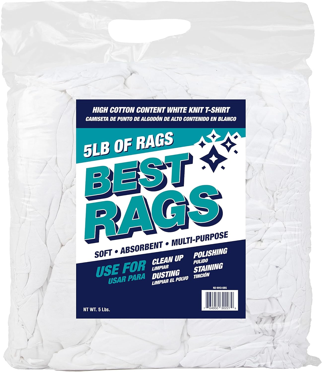 Arkwright W43 Cotton Tshirt Rags - 5 lb Bag - Soft Lint Free Cloths for Cleaning, Streak & Scratch-Free, Professional Grade Wiping Towels for Polishing, Painting, and Staining, White