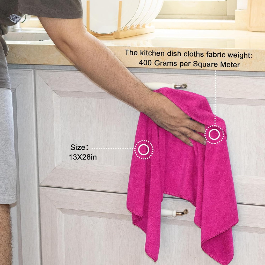 kimteny 13x28 Inches Kitchen Cloth Dish Towels, 400 GSM Premium Dishcloths, Super Absorbent Coral Velvet Microfiber Cleaning Cloths, Fast Drying Rags for Washing Dishes (12 Pack, Rose Red)