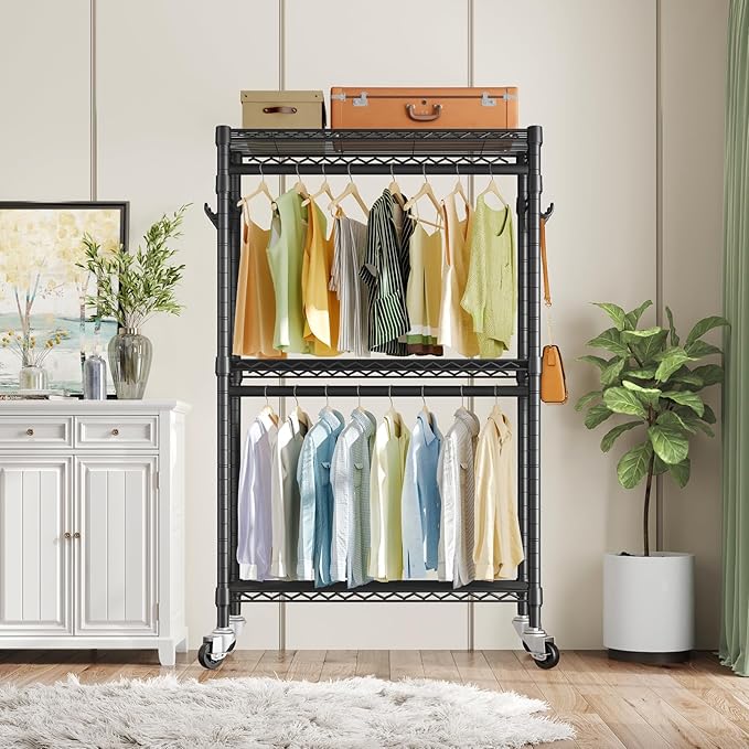 VIPEK R2 Clothes Rack Heavy Duty Clothing Rack for Hanging Clothes, Rolling Garment Rack Adjustable Closet Racks with Double Rods & Hooks, Freestanding Wardrobe Closet Coat Storage Racks, Black