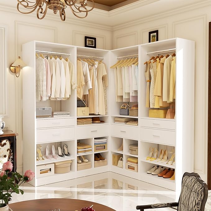 Unikito Closet System, 8.2FT Closet Organizer with 6 Wooden Drawers, Hanging Rods, Adjustable Shoe Rack and Cube Storage, Easy Assembly Wardrobe Tower, Set of 4, White