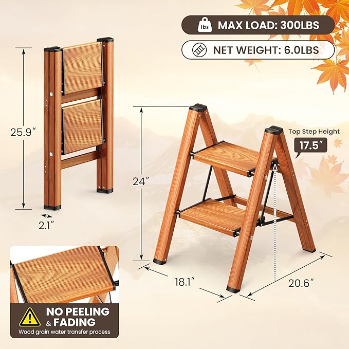 GameGem 2 Step Ladder, Folding Step Stool with Anti-Slip Wide Pedal, Aluminum Material Lightweight Yet Sturdy, 300 Lbs Load, Cute Modern Apperance for Indoor Household Spaces