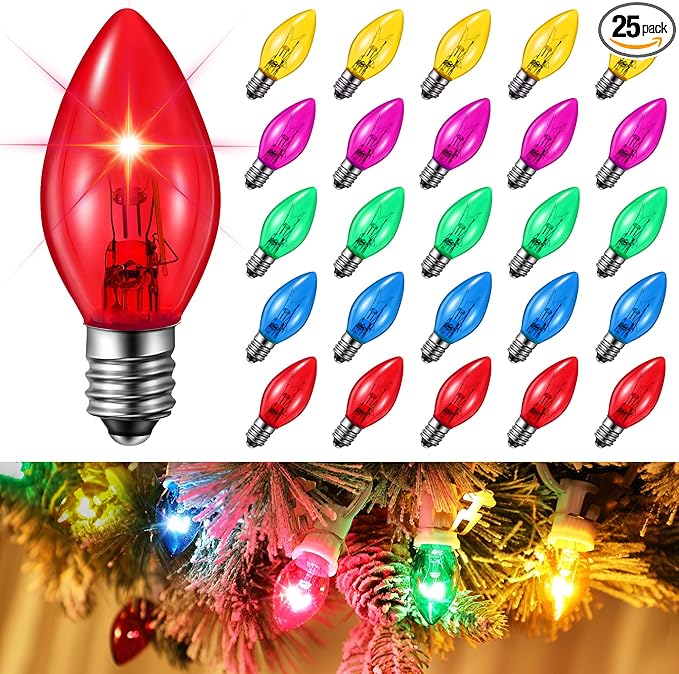 25 Pack Twinkle Christmas Replacement Bulbs, 7W Random Blinking Light Bulbs for Christmas String Light, Nightlights (Colorful,C7,E12 Intermediate Base)