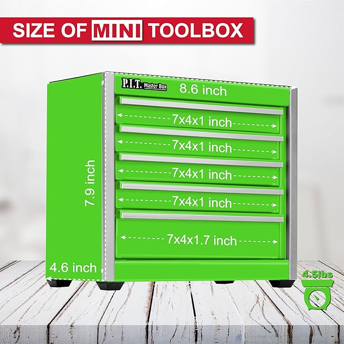 P.I.T. Mini Green Tool Box, Portable 5-Drawer Micro Roll Cab Steel Tool Box with Liner, Green Small Tool Case for Tools Storage, Home DIY