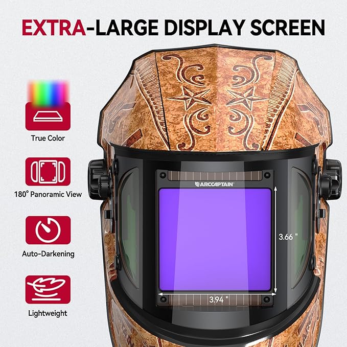 ARCCAPTAIN Auto Darkening Welding Helmet with Side View, 180° Panoramic View, 1/1/1/1 True Color Large Viewing Welding Hood with 4 Arc Sensor Solar Powered, Wide Shade 4/5-9/9-13, Woodcarving