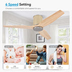 48" Ceiling Fan No Light - Low Profile Flush Mount Ceiling Fan, 6-Speed Remote Control, Solid Wood, Quiet Reversible DC Motor, Wood/Silver Finish, for Bedroom, Living Room, Porch