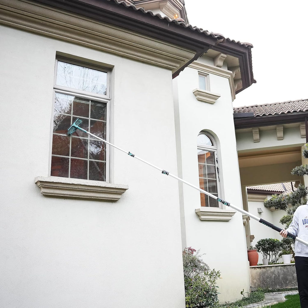 30 Feet High Reach Window Squeegee with 6-24 Ft Extension Pole, Window Cleaner Tool with 5-Stage Telescoping Pole, Window Cleaning Kit with Rotatable Head (2 Squeegee & 2 Microfibre Cloths)