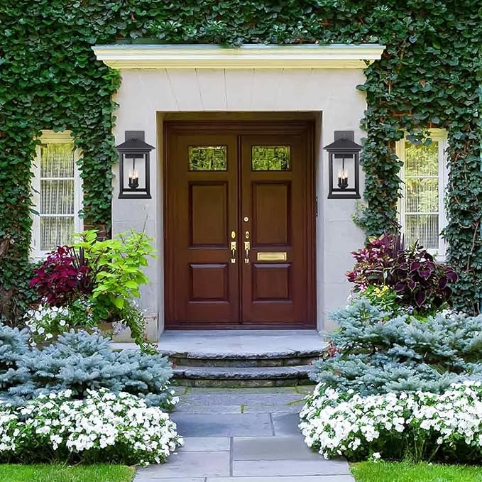 Treekee Large Outdoor Wall Light Fixture, 20 Inch Square Wall Lantern, 3- Light Exterior Sconce Lights, Porch Mount Lighting with Seeded Glass, Modern Black Lamps for Patio Front Door Entryway