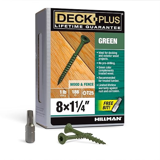 Deck Plus 1-1/4 Inch Epoxy Coated Exterior Wood and Fence Screws #8 x 1-1/4" Torx/Star Drive Included Coarse Thread, Outdoor Rust Resistant Decking Screw, Green, 1lb Box, 186 Pieces | 48396
