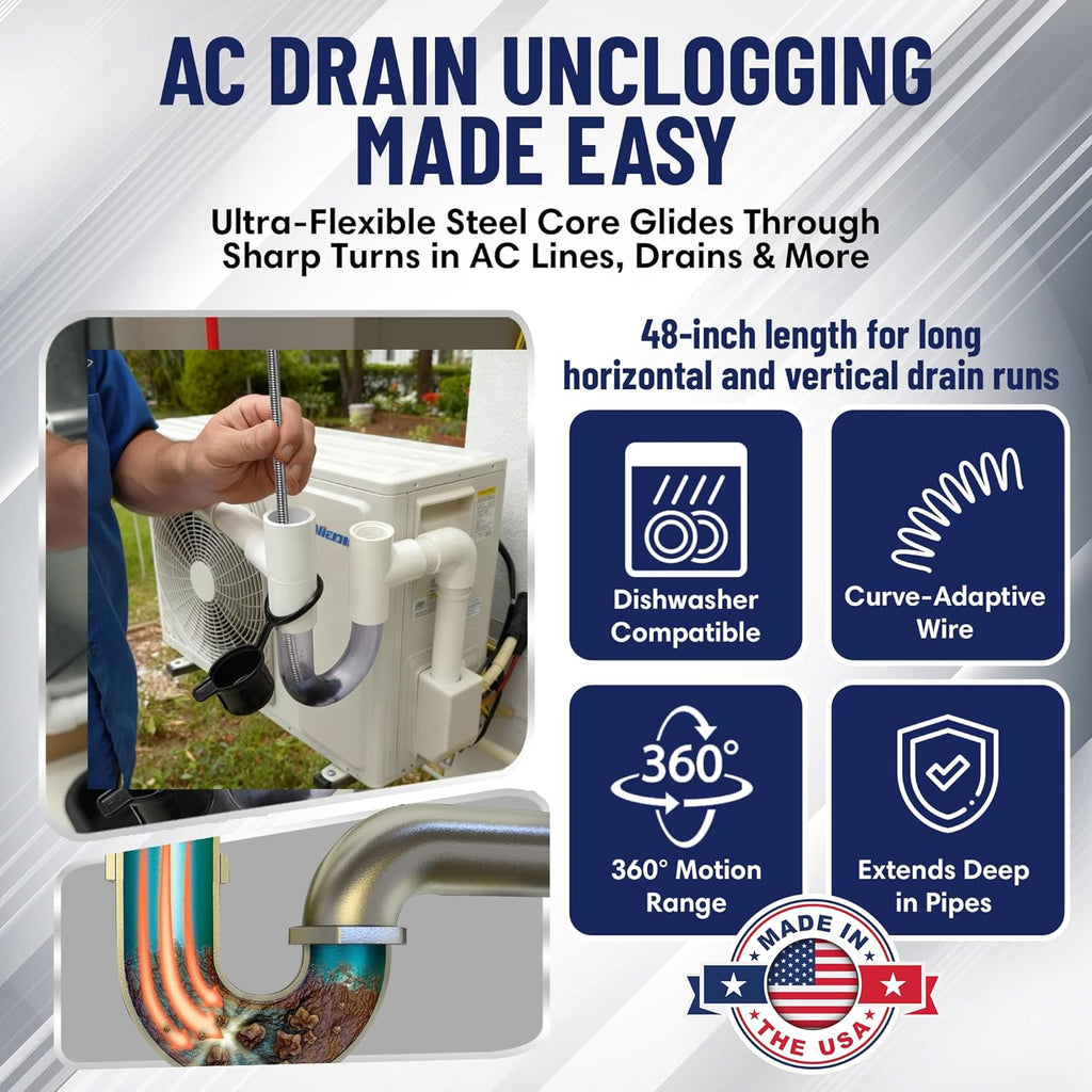 48" Flexible Long Pipe Brush | AC Drain Cleaner Tool | Sink Line Unclogger | Condensate Line Cleaning Brush | Easy Cleaning Flexible Drain Snake for Food, Hair & Clog Removal by FryOilSaver Co. B313C