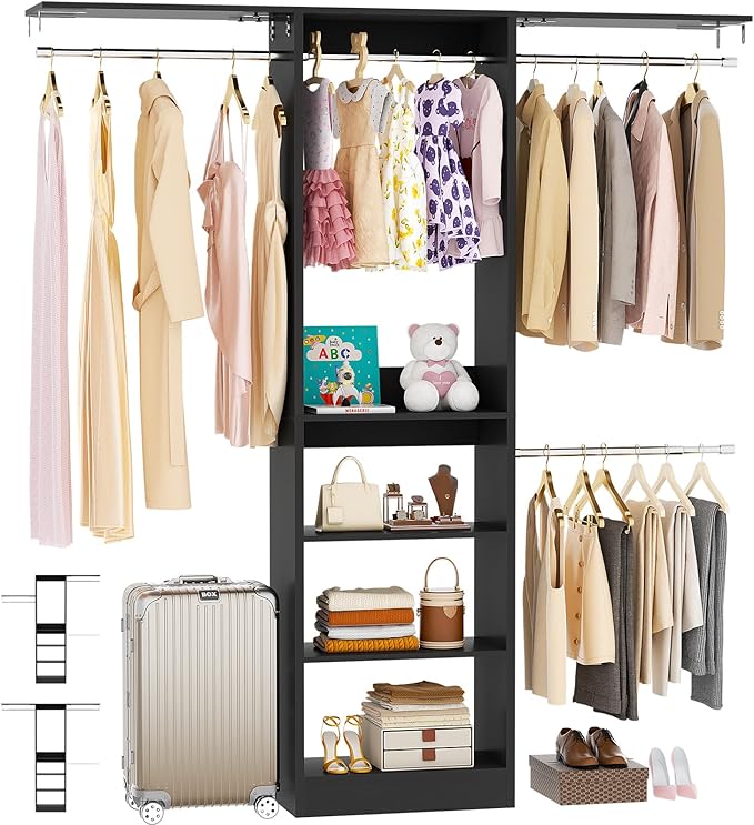 48" Small Closet Organizer, 4FT Closet System for Small Closets with 4 Hanging Rods & 3 Shelves, 80"H Small Closet Organizers and Storage for Bedrooms, Cloakrooms, Black