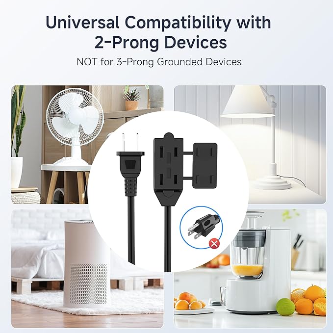 [UL Listed] Cable Matters 2-Pack 16 AWG 2 Prong Short Extension Cord 3 ft, 13A 3-Outlet Extension Cords with Tamper Guard, 13 Amp, 1625 Watts, Black