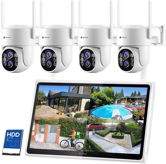 Kittyhok Wireless Security Camera System Outdoor with Monitor | 4pcs 2K Dual Lens PTZ Security Cameras, 10x Mixed Zoom, Auto Tracking, Human Detection, Spotlight | 10CH NVR with 10" Monitor, 500GB HDD