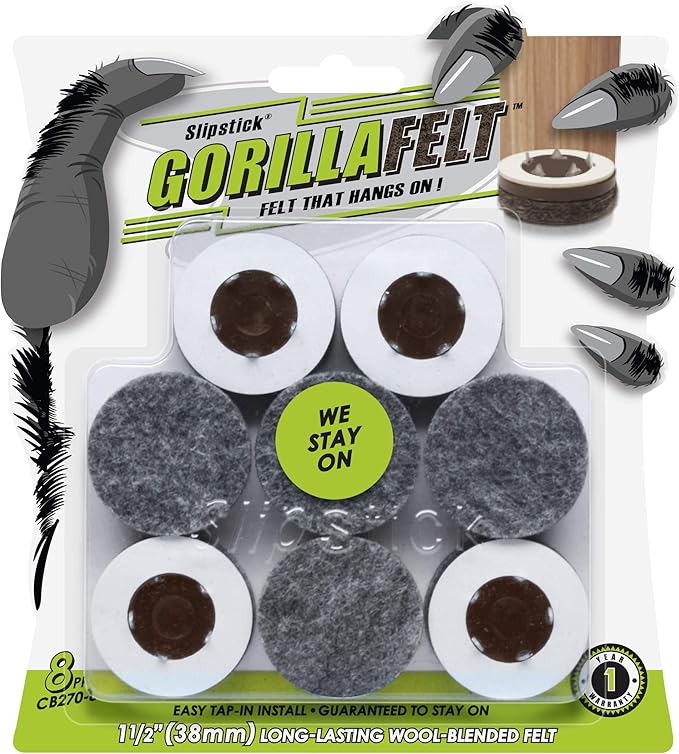 Slipstick GorillaFelt 1-1/2 Inch Felt Glides/Furniture Feet Floor Protectors (Set of 8 Sliders) Nail On Felt Furniture Pads Guaranteed to Stay On, Round, CB270-8