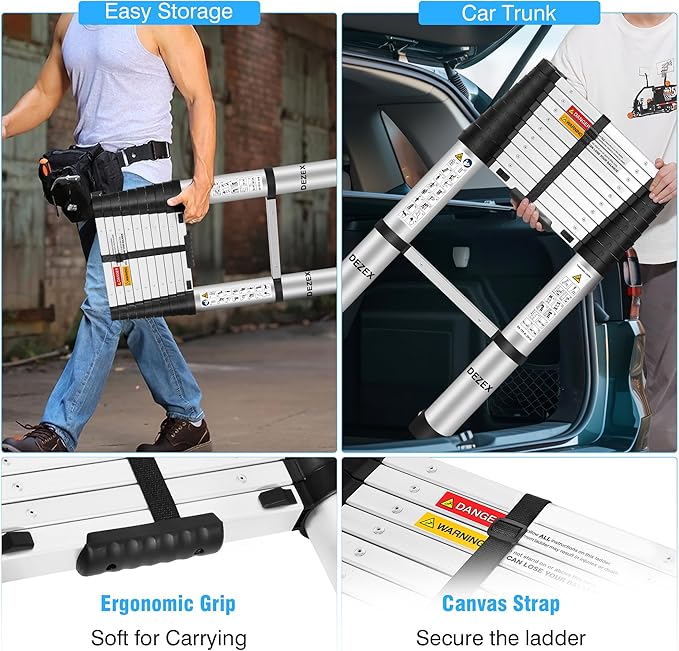 10.5 FT Aluminum Telescoping Ladders - One-Button Retraction Collapsible Extension Ladder for Home,RV,Attic & Loft, Lasts 330 LBS with Non-Slip Cushions