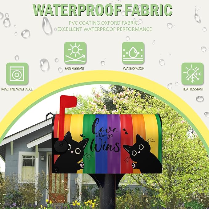 Rainbow Gay Pride Magnetic Mailbox Covers Large Size 21 x 25.5 Inch Black Cat Love Always Wins Mailbox Post Cover Oversized LGBTQ Letter Box Wraps Waterproof Garden Yard Home Decor for Outside