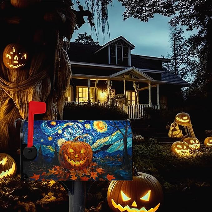 Halloween Pumpkin Magnetic Mailbox Covers Standard Size 18 x 21 Van Gogh's Starry Night Mailbox Wraps Cover Oil Painting Decorations Post Box Cover for Garden Yard Outdoor Decor